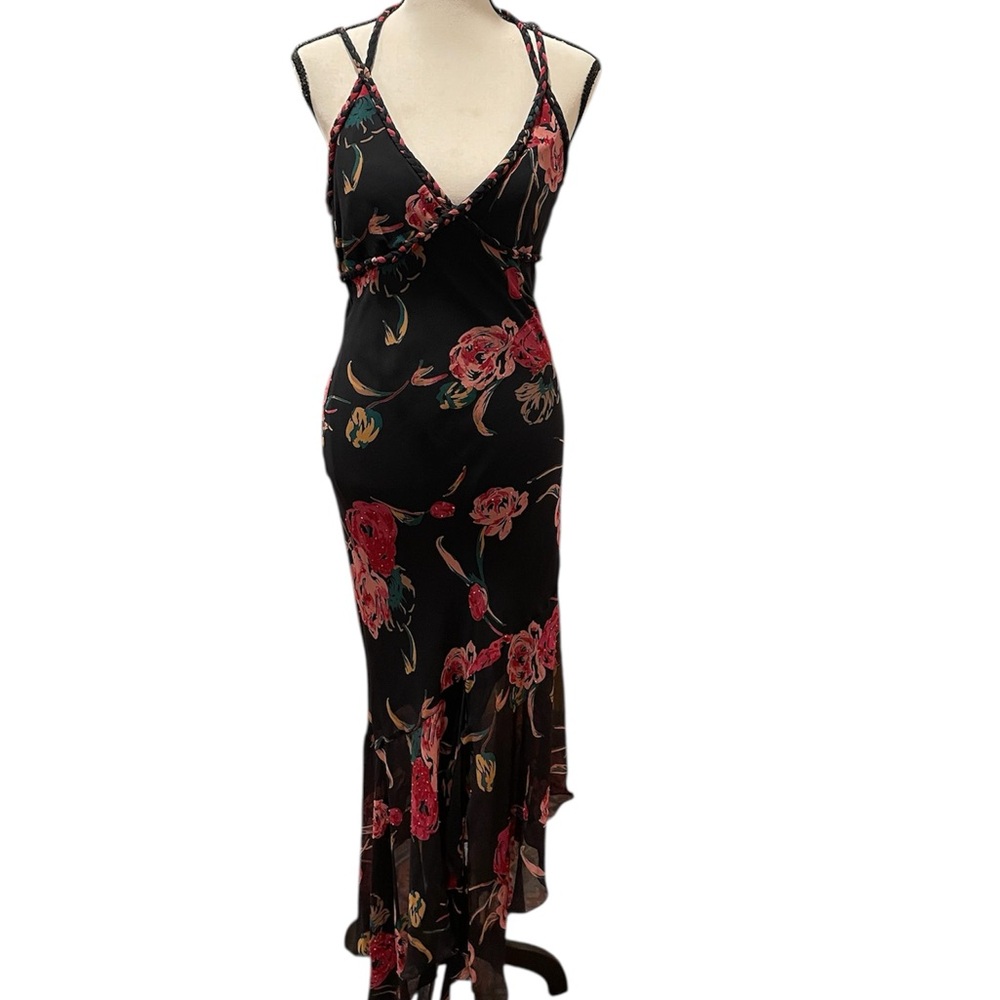 Vintage Sue Wong Black, Pink and Red Floral Maxi Dress 100 Silk Size 4